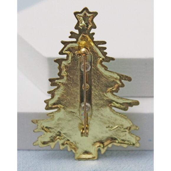 Gold Toned Christmas Tree Brooch Pin with Rhinestones VP18A - Picture 4 of 5